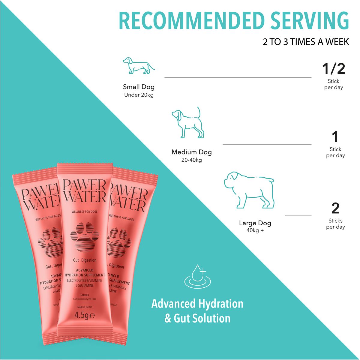 Serving guide by dog size with three coral Gut sticks