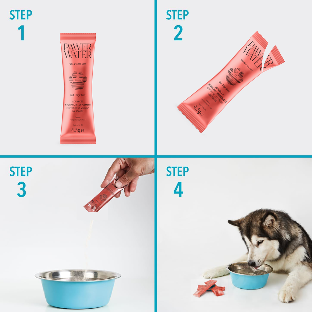 Four-step guide: open coral stick, pour into bowl, husky drinking