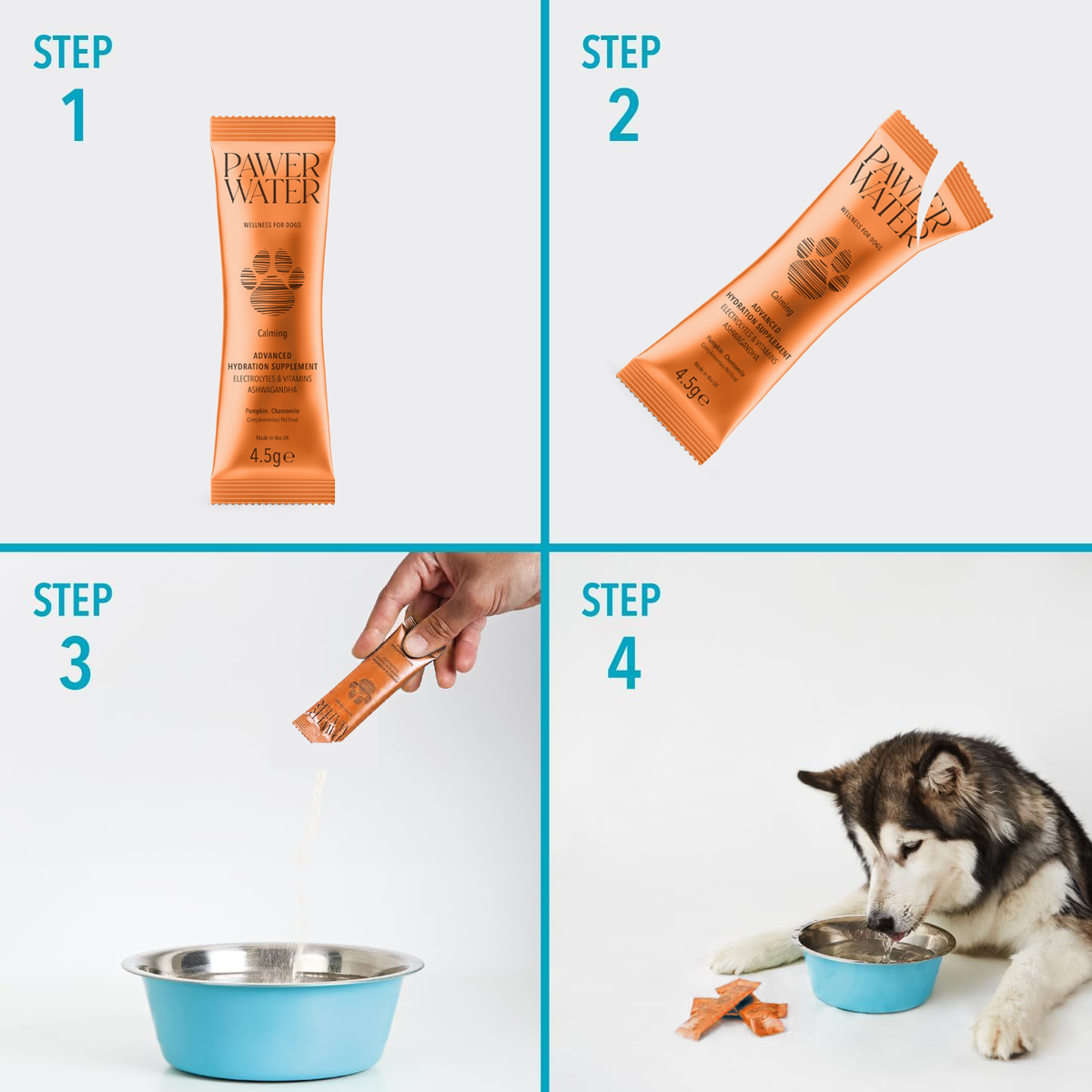 Four-step guide: open orange stick, pour into bowl, husky drinking