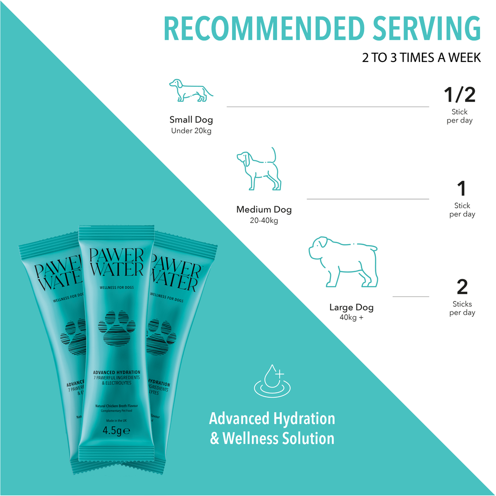 Pawer Water serving guide by dog size with three teal sticks