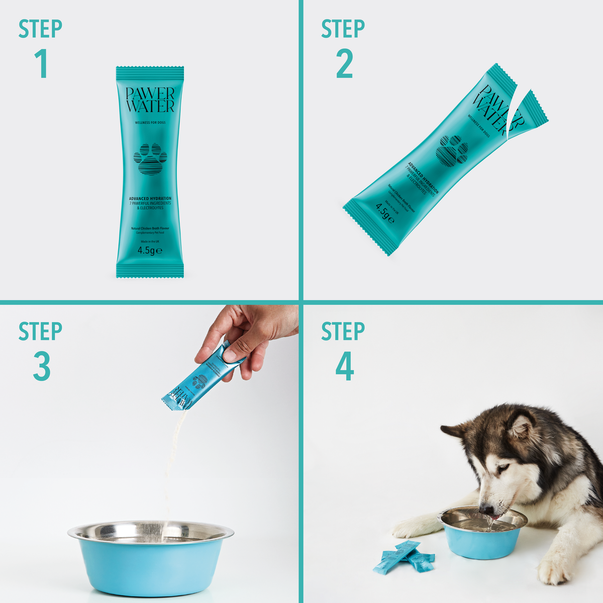 Four-step guide: open teal stick, pour into bowl, husky drinking