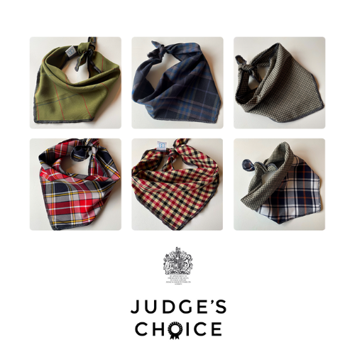 Judge's Choice Dog Bandana range: six check and tartan designs shown in a grid with logo
