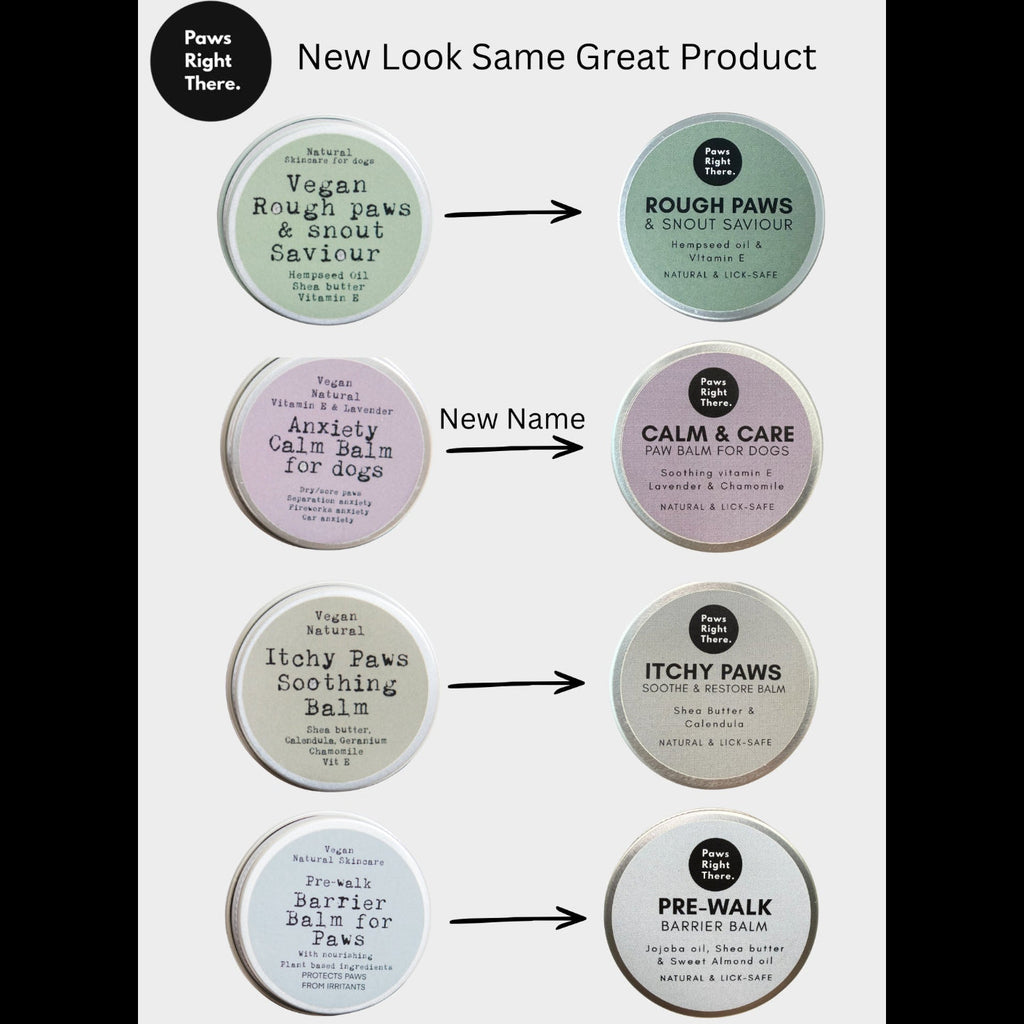 Chart showing old and new label designs for Paws Right There paw balm tins