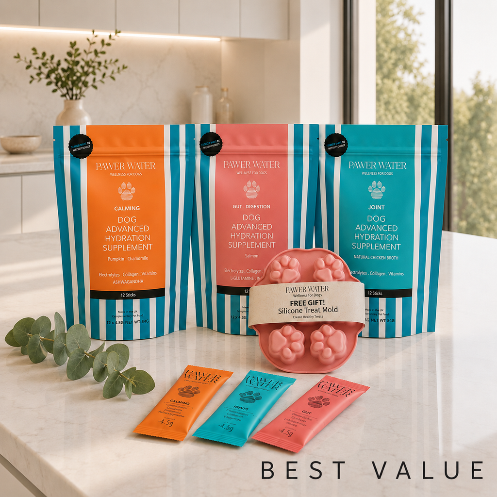 Pawer Water Wellness Bundle: three striped pouches, sticks and a pink silicone treat mould