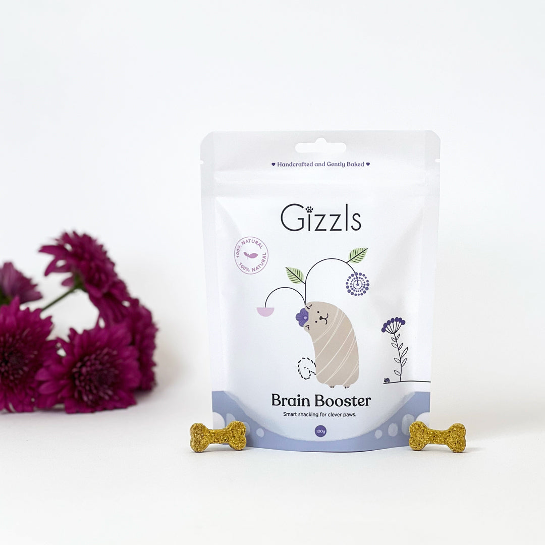 Gizzls Brain Booster 100g treat pouch with two bone biscuits and deep pink flowers