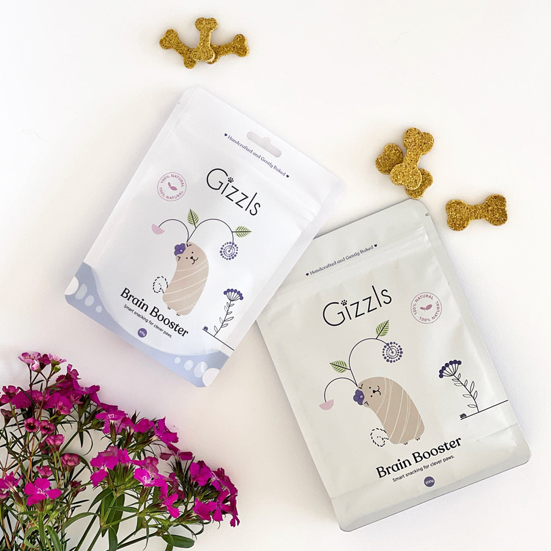 Two Gizzls Brain Booster pouches flat-lay with bone biscuits and pink flowers