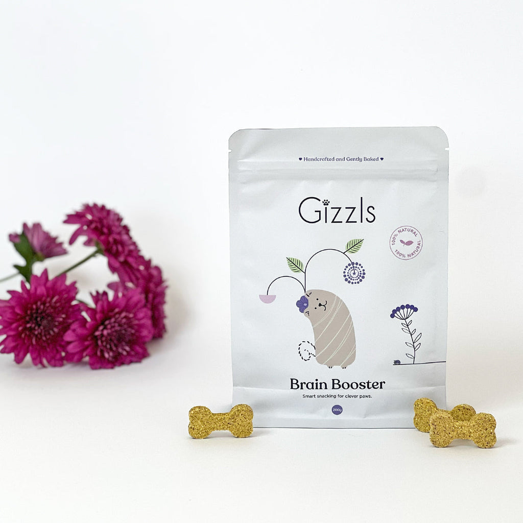 Gizzls Brain Booster 200g pouch with bone-shaped biscuits and pink chrysanthemums
