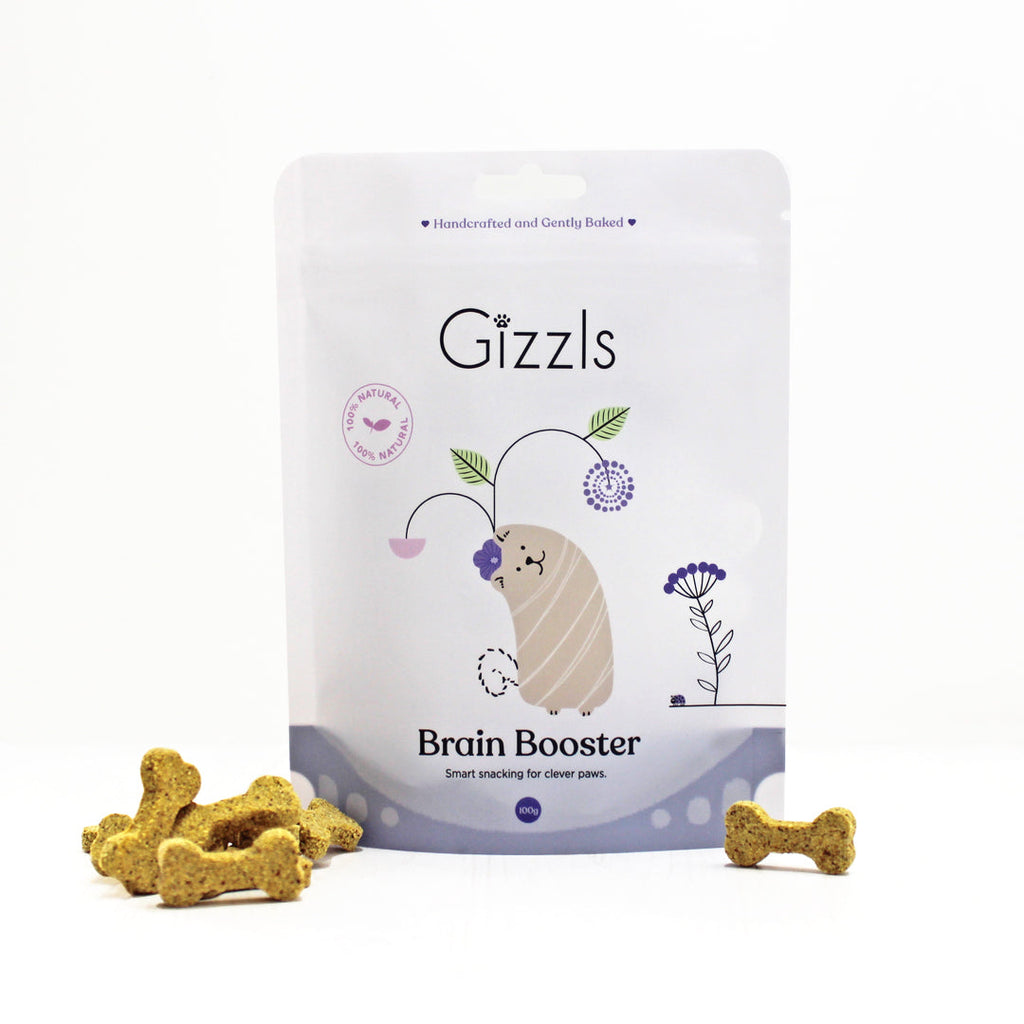Gizzls Brain Booster 100g pouch with lilac band and mini bone biscuits on a white background