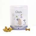 Gizzls Brain Booster 100g pouch with lilac band and mini bone biscuits on a white background