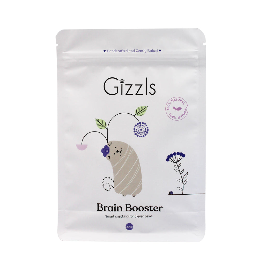Gizzls Brain Booster 200g white treat pouch with purple illustrated dog on a white background