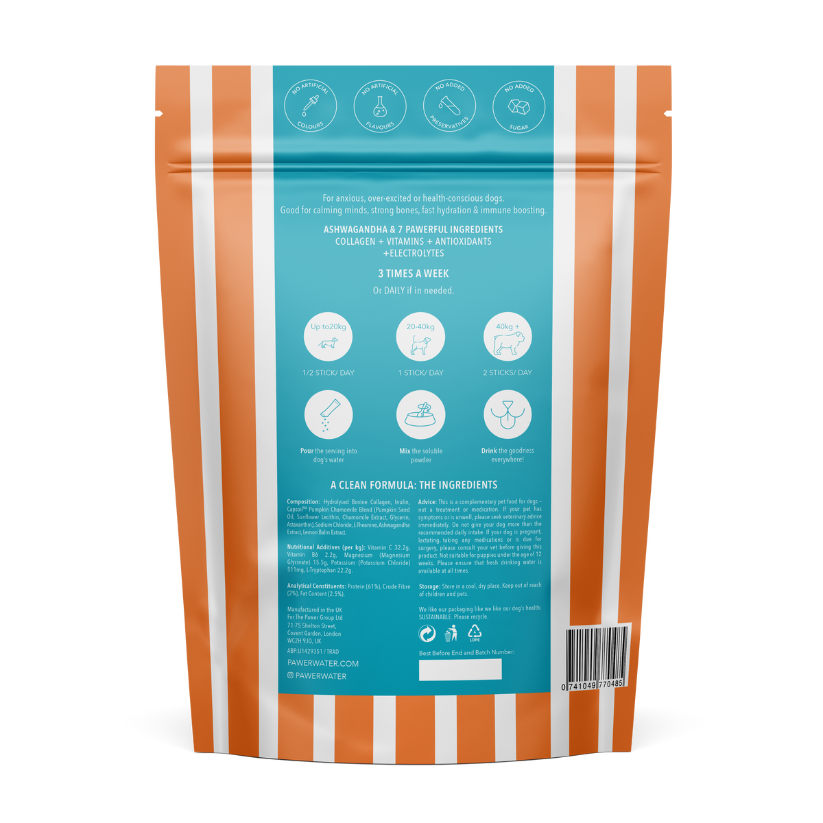 Back of the orange and white striped Calming pouch with ingredients and guide