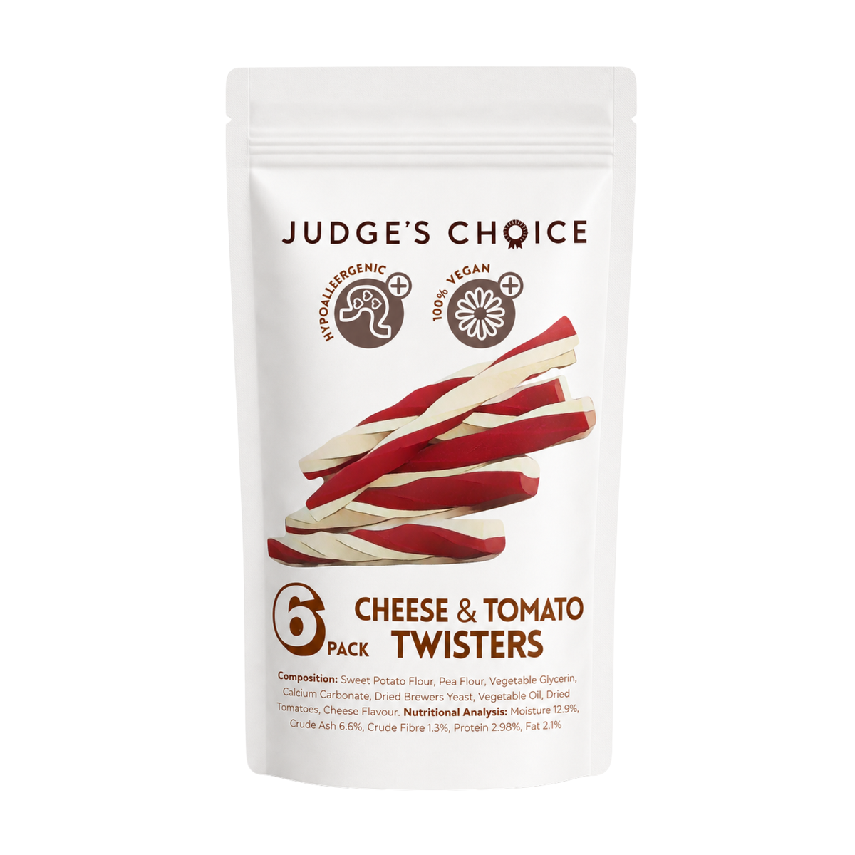 Judge's Choice Cheese & Tomato Twisters 6 pack pouch with red and white twist illustration