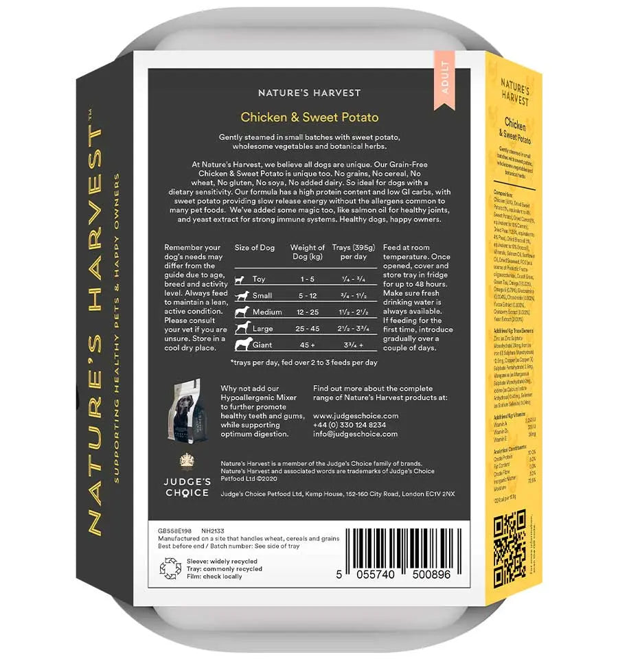 Back of the Grain Free Chicken & Sweet Potato tray showing feeding guide and recipe text