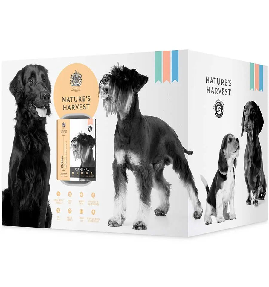 Nature's Harvest wet dog food outer box printed with retriever, schnauzer and spaniel illustrations