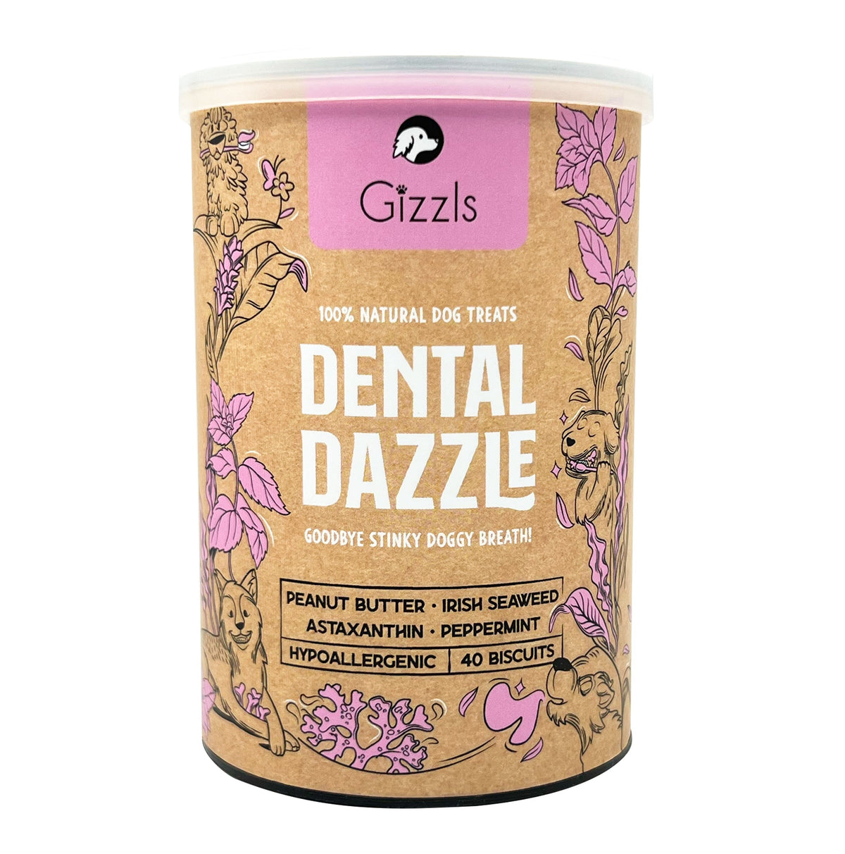 Gizzls Dental Dazzle kraft tub with pink floral illustrations on a white background