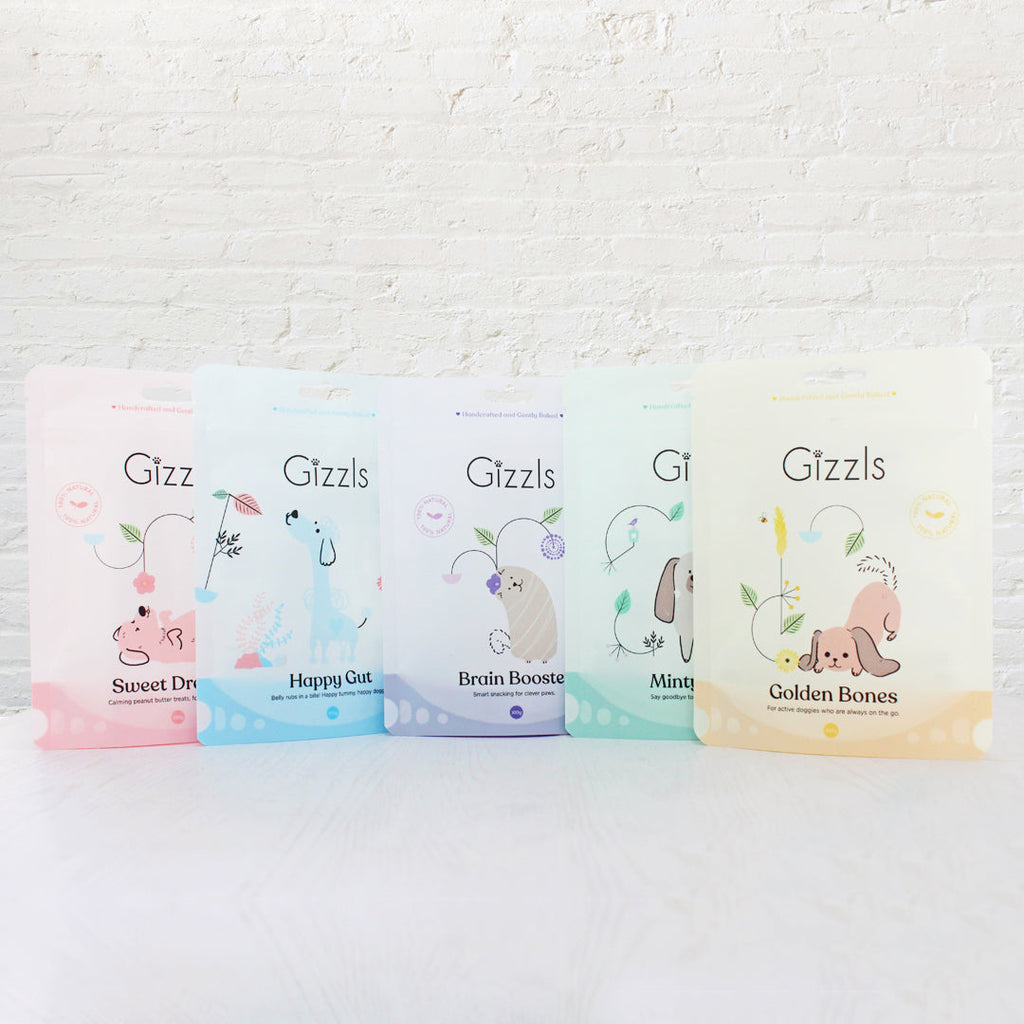 Five pastel Gizzls 100g treat pouches lined up against a white brick wall