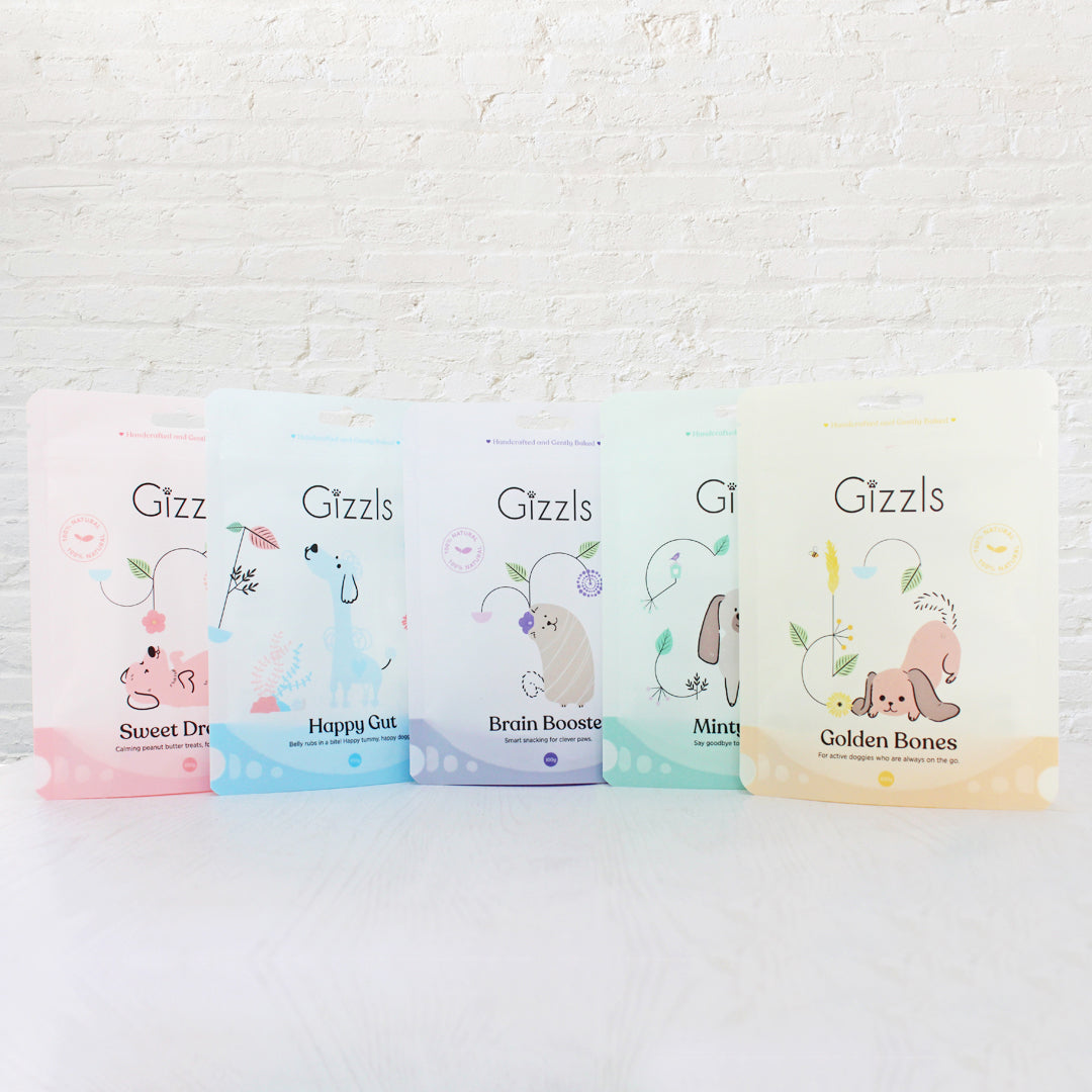 Five pastel Gizzls 100g treat pouches lined up against a white brick wall