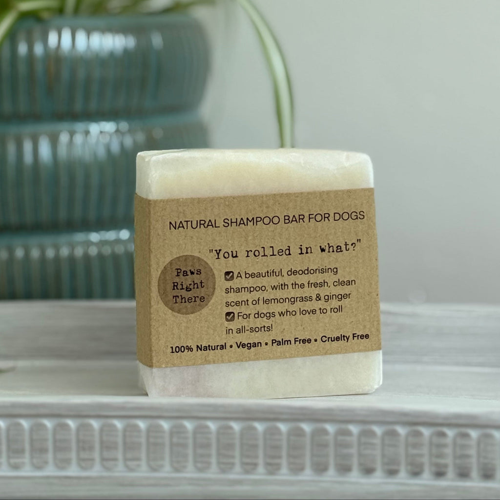You Rolled in What?! natural dog shampoo bar with kraft paper label on a white tray