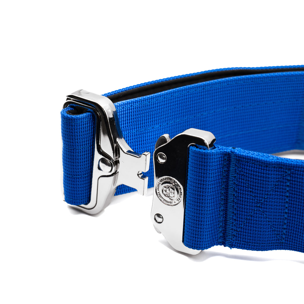 Close-up of the open quick-release buckle on the royal blue BTactical collar
