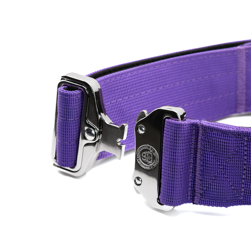 Close-up of the open quick-release buckle on the lavender purple BTactical collar