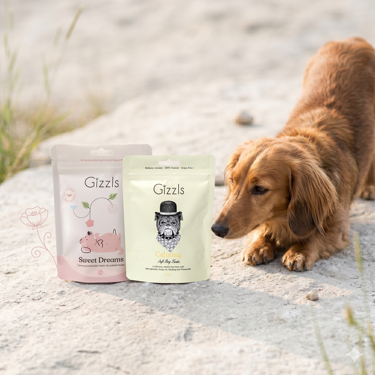 Dachshund sniffing Gizzls Sweet Dreams and Calming treat pouches on a sandy path