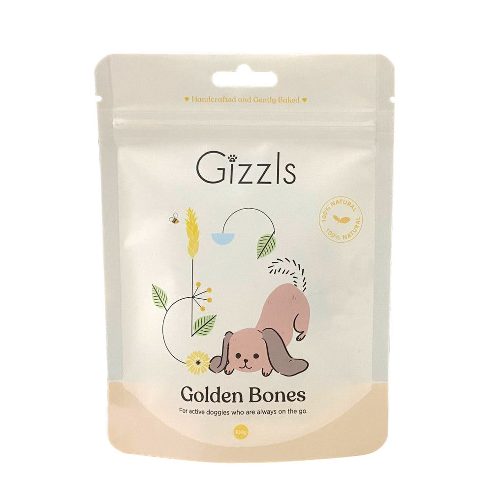 Gizzls Golden Bones 100g peach-banded treat pouch with illustrated puppy