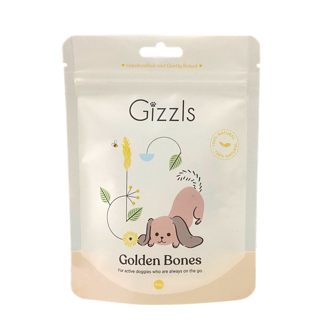 Gizzls Golden Bones 100g peach-banded treat pouch with illustrated puppy