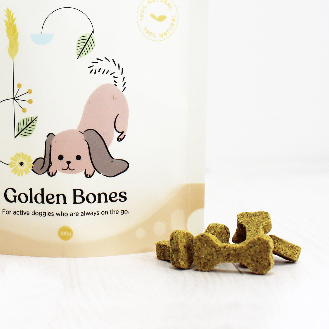 Close-up of Gizzls Golden Bones pouch and golden turmeric bone-shaped biscuits