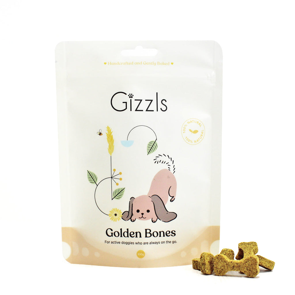 Gizzls Golden Bones 100g peach pouch with peanut butter and turmeric bone biscuits