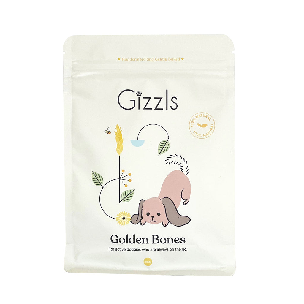 Gizzls Golden Bones 200g white pouch with illustrated pink puppy on a white background