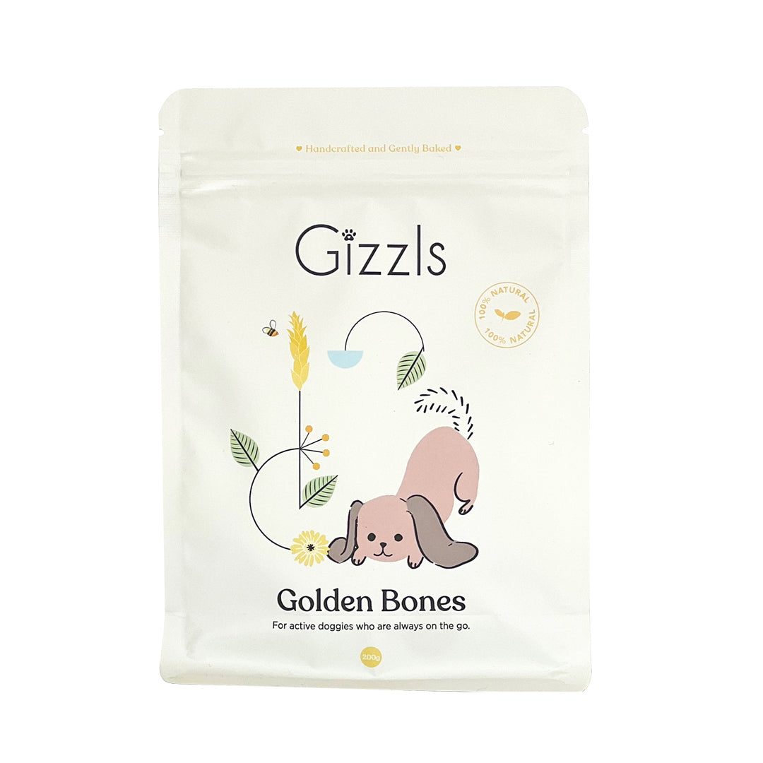 Gizzls Golden Bones 200g white pouch with illustrated pink puppy on a white background