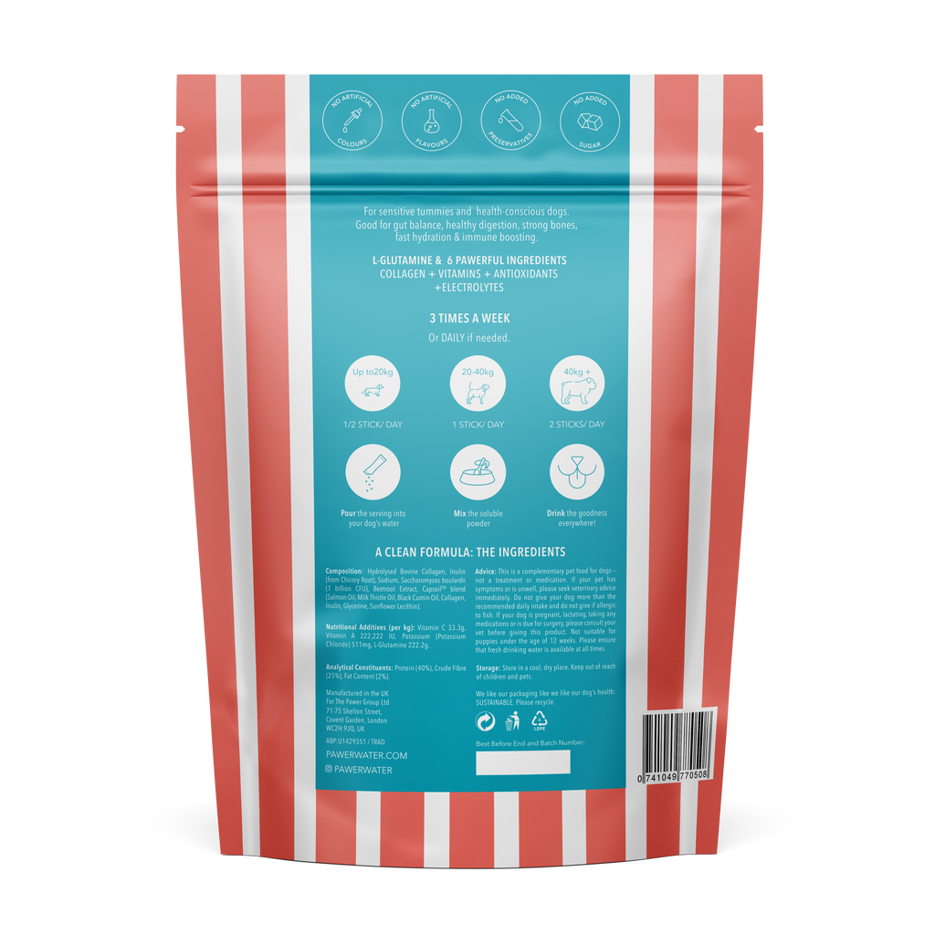 Back of the coral striped Gut pouch with ingredients and serving guide