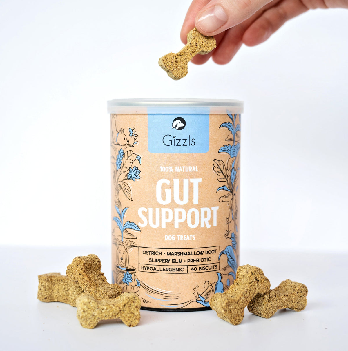 Hand dropping a golden biscuit into the Gizzls Gut Support tin from the Skin & Tummy Treat Bundle