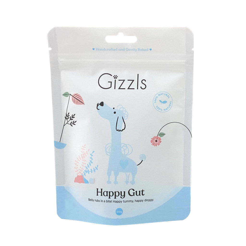 Gizzls Happy Gut 100g pale blue treat pouch with illustrated blue dog