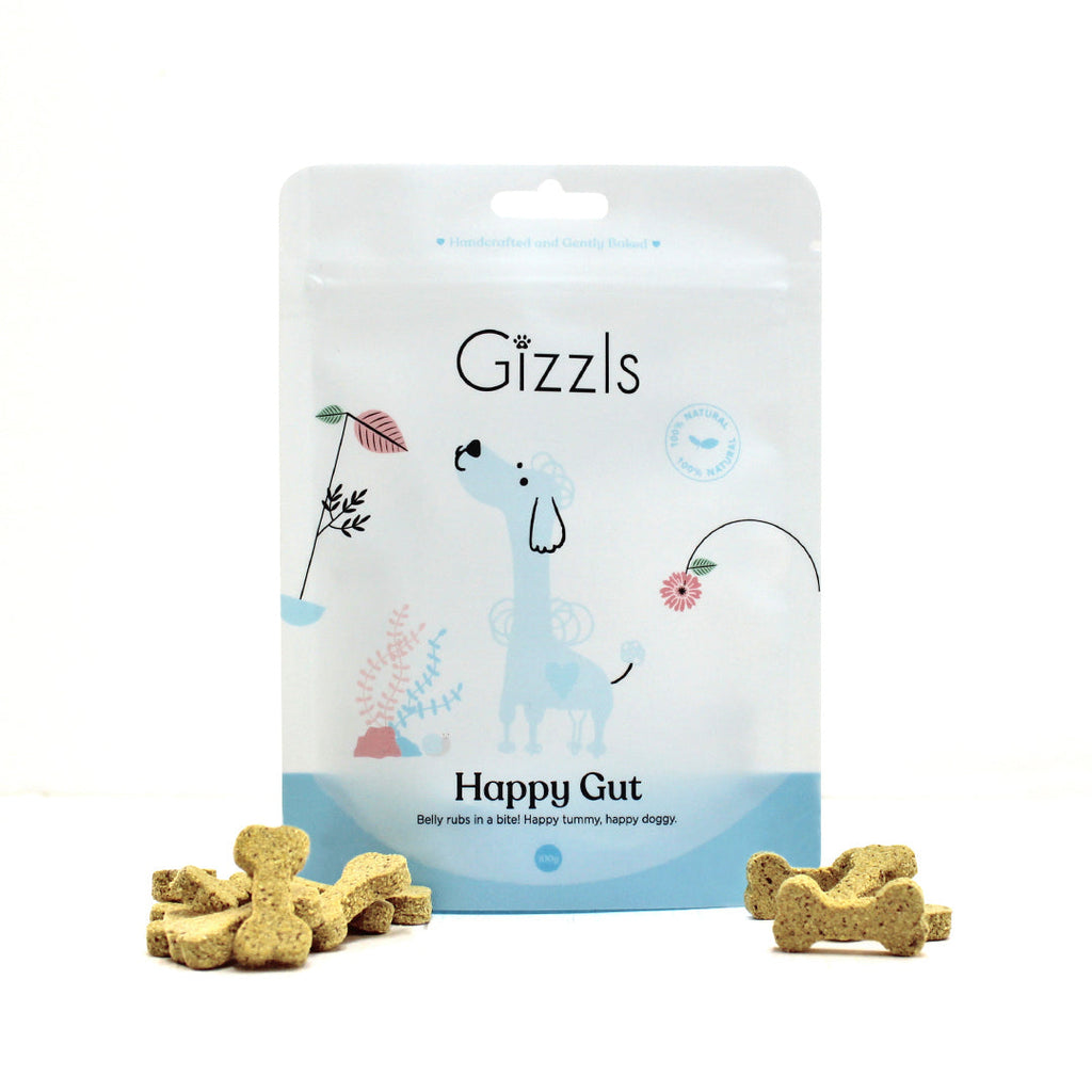 Gizzls Happy Gut 100g pouch with peanut butter bone biscuits