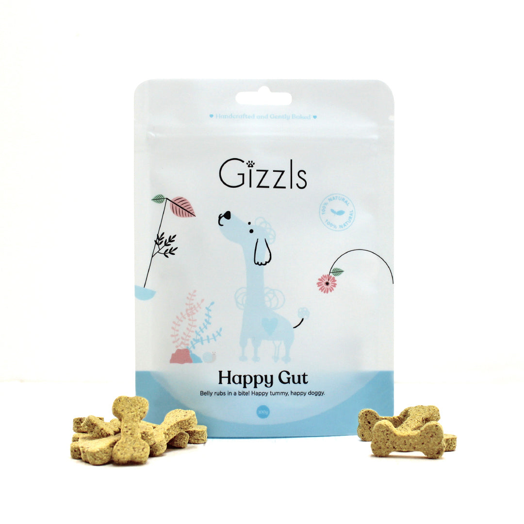 Gizzls Happy Gut 100g light blue pouch with bone-shaped biscuits