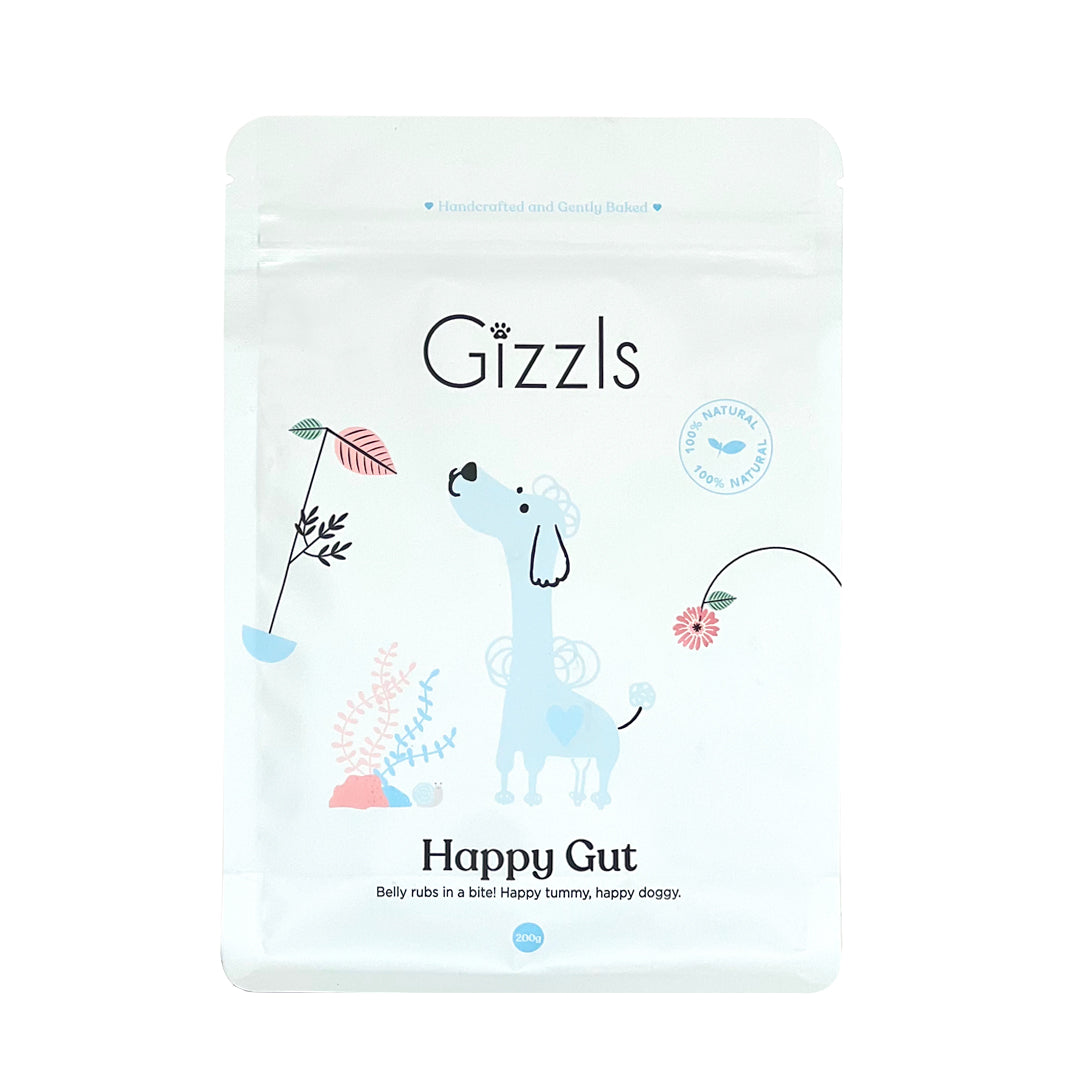 Gizzls Happy Gut 200g pale blue treat pouch with illustrated blue dog