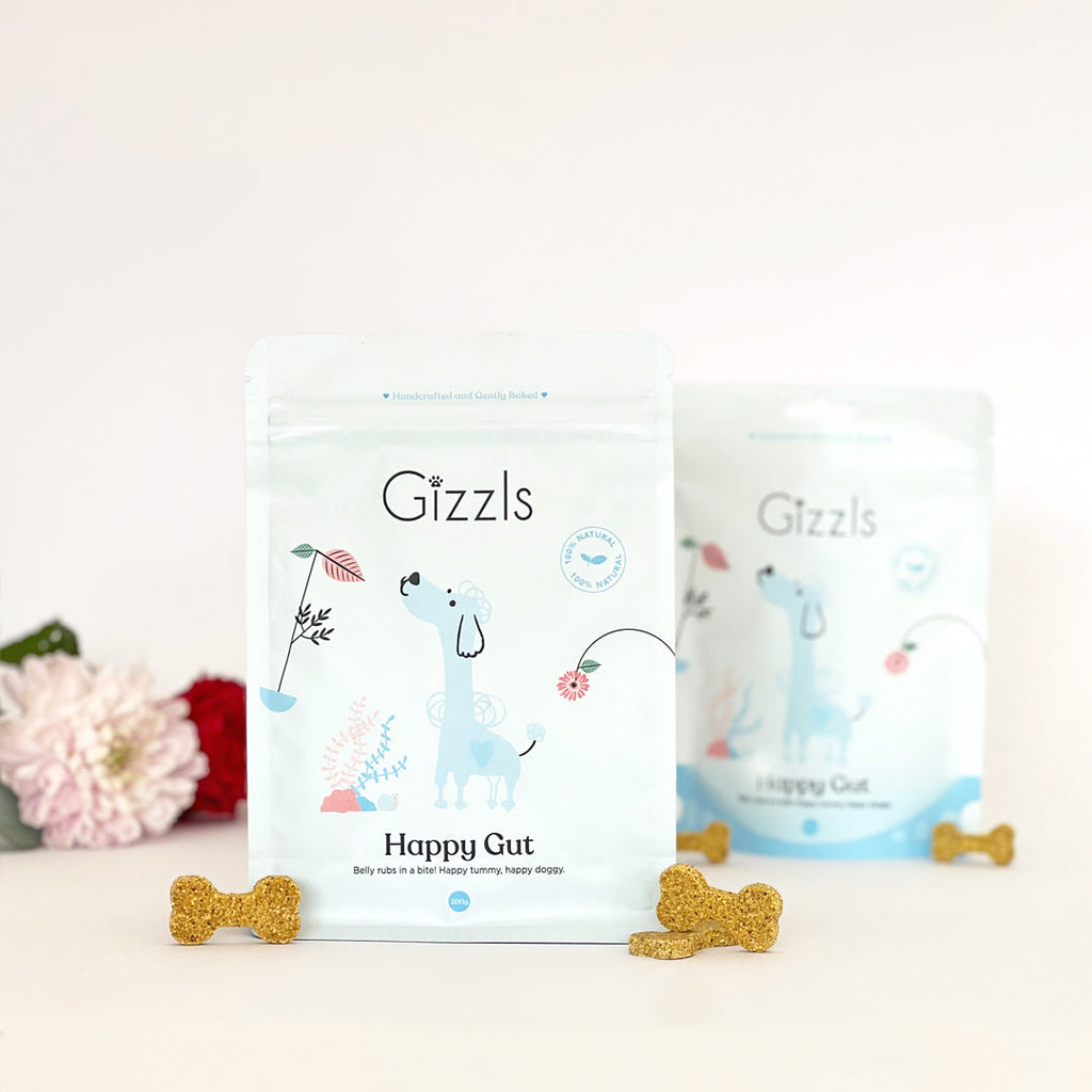 Gizzls Happy Gut 200g and 100g pouches with peanut butter bone biscuits and flowers