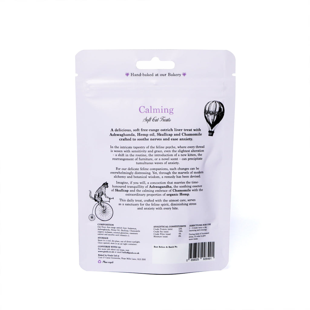 Back of the Gizzls Calming Soft Cat Treats pouch with description and ingredients