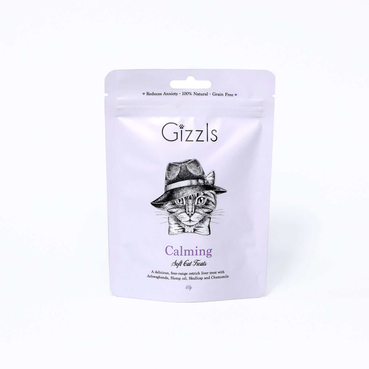 Gizzls Calming Soft Cat Treats lilac pouch with illustrated cat in a hat