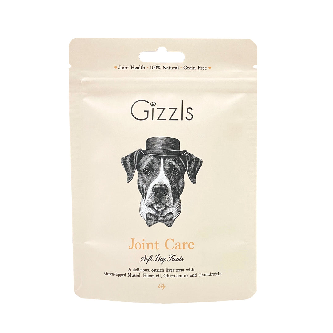 Gizzls Joint Care Soft Dog Treats cream pouch with illustrated dog in a top hat