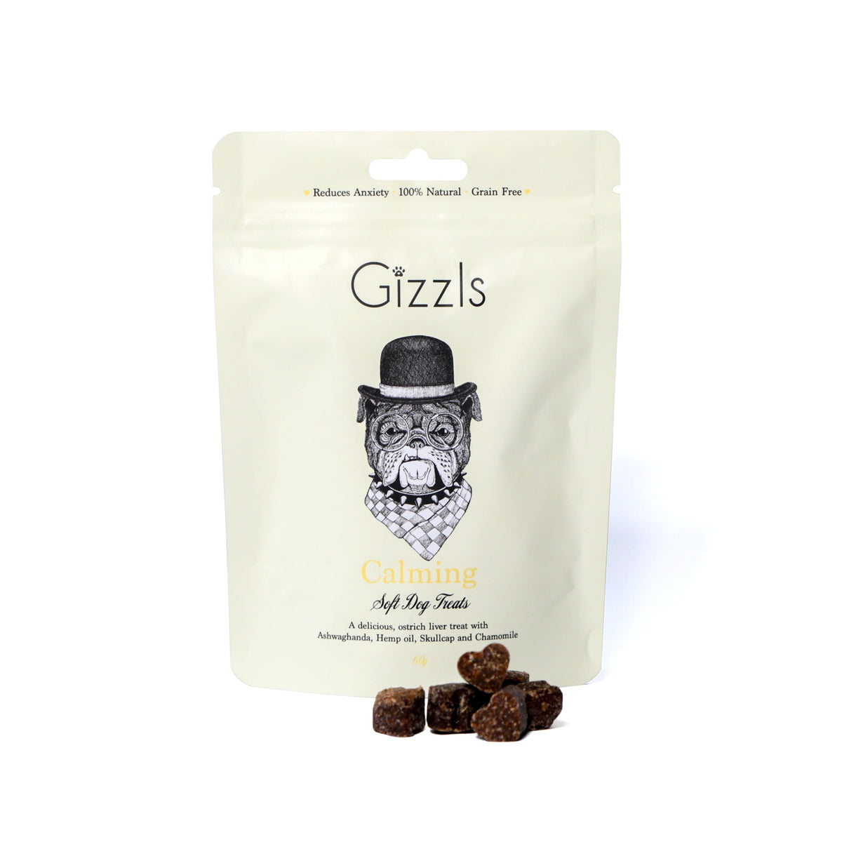 Gizzls Calming Soft Dog Treats cream pouch with bulldog illustration and soft cubes