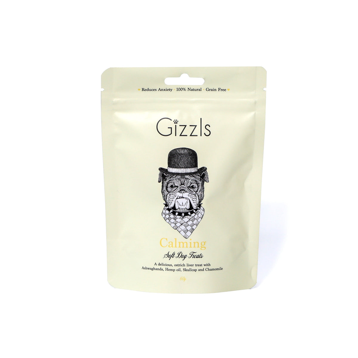 Front of the Gizzls Calming Soft Dog Treats cream pouch on a white background