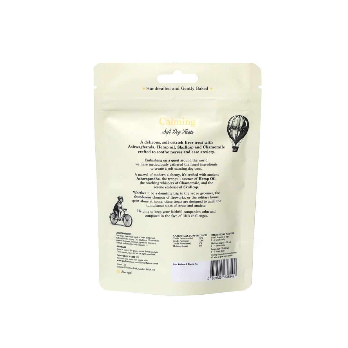 Back of the Gizzls Calming Soft Dog Treats pouch with ingredients and description