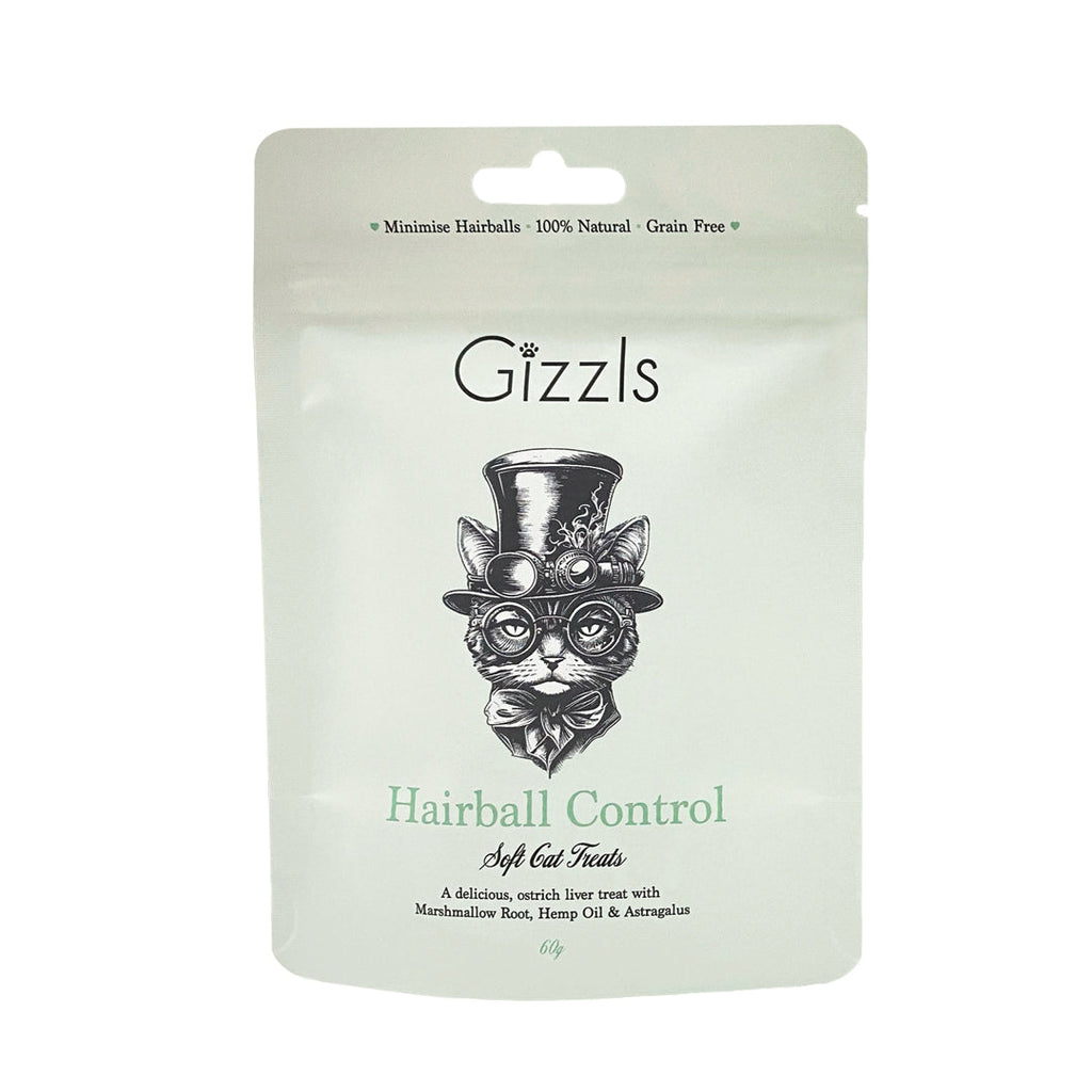 Gizzls soft liver cat treats pale green pouch with illustrated cat in a top hat