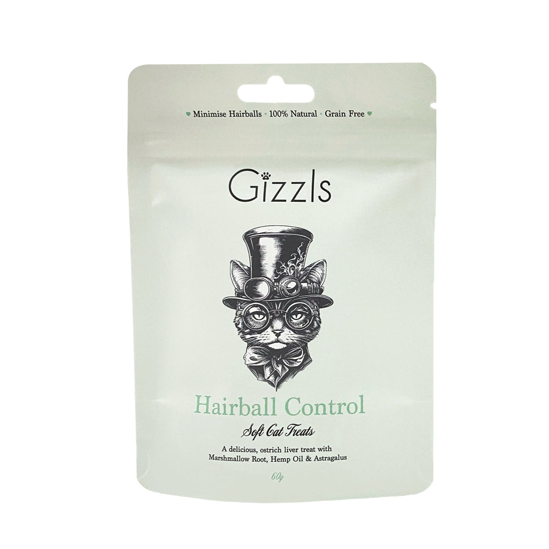 Gizzls soft liver cat treats pale green pouch with illustrated cat in a top hat