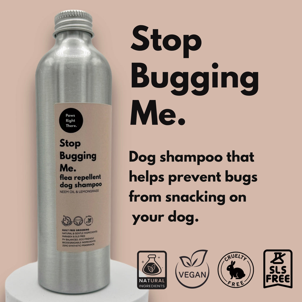 Aluminium bottle of neem and lemongrass dog shampoo on a pink background