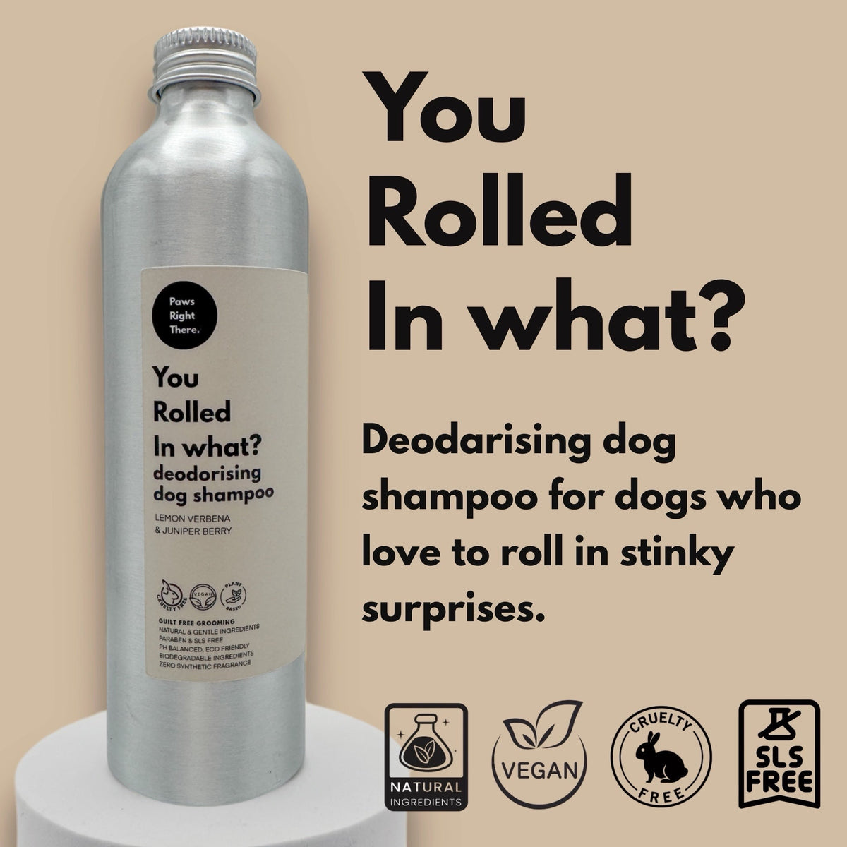 Aluminium bottle of deodorising dog shampoo on a beige background
