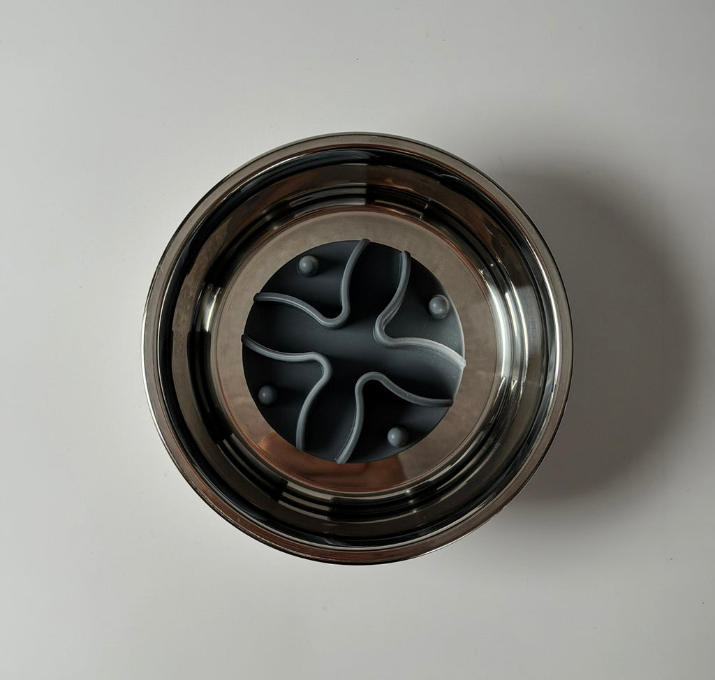 Top view of the stainless steel dog bowl with grey slow feeder insert fitted inside