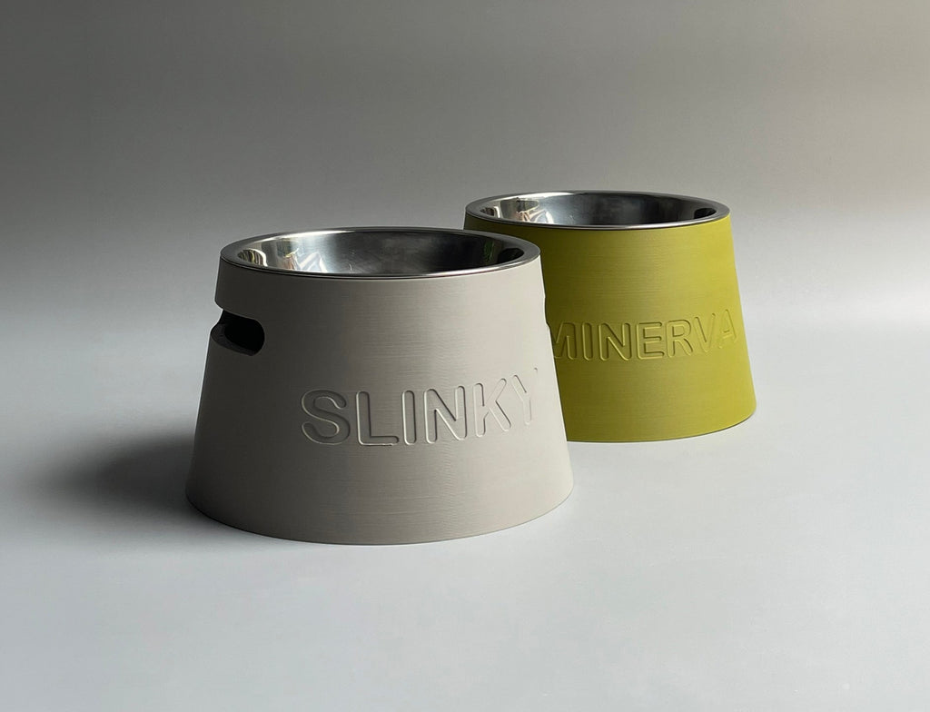 Short classic raised dog bowl stands in stone and mustard with embossed names